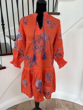 Tyler Boe Orange Mini Dress with Blue Floral Embroidery